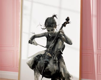 Cello Wandkunst, Cello Poster, Cellist Geschenk, Junger Cellist Tuschezeichnung, Cello Geschenke, Musik Dekoration, Musikklassenzimmer, Musik Poster, JPG Download
