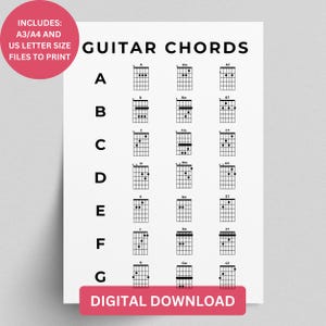 Könnte beinhalten: Ein druckbarer Gitarrenakkord-Diagramm mit den Akkorden A, Am, A7, B, Bm, B7, C, Cm, C7, D, Dm, D7, E, Em, E7, F, Fm, F7, G, Gm und G7. Das Diagramm enthält den Text "INCLUDES: A3/A4 AND US LETTER SIZE FILES TO PRINT" und "DIGITAL DOWNLOAD".