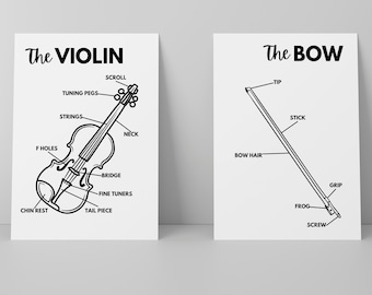 May include: A black and white line drawing illustration of a violin and a bow with labels for each part of the instrument. The violin has a scroll, tuning pegs, strings, f holes, neck, bridge, fine tuners, chin rest, and tail piece. The bow has a tip, stick, bow hair, frog, screw, and grip.