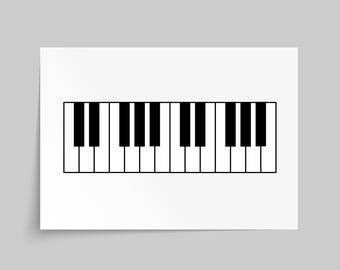 May include: A graphic illustration of a piano keyboard featuring a repeating pattern of white rectangular keys and black rectangular keys arranged in a horizontal row, set against a plain white background with a thin black border outline.