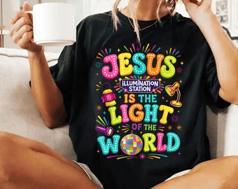 Jesus Is The Light Of The World PNG, John 8:12 Christian Kids PNG, Lighthouse Bible School Neon Design, Vacation Bible School
