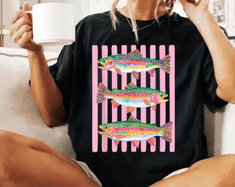 Colorful Trout PNG Sublimation Design, Retro Fishing PNG, Preppy Rainbow Fish Shirt Graphic Digital Download