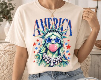 Preppy Brushstroke Statue of Liberty Blowing Bubble Png, USA Png, America 4th July Png Design, Girly Png