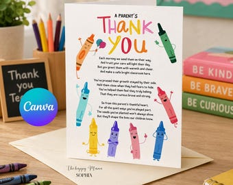 Plantilla editable de Canva para tarjeta de agradecimiento a padres y maestros, tarjeta imprimible de fin de año con crayones, poema de agradecimiento a maestros (descarga instantánea)