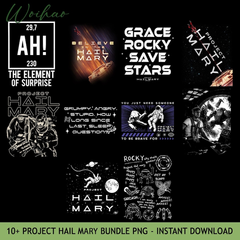 Op de afbeelding: Een verzameling PNG-afbeeldingen met ontwerpen gerelateerd aan "Project Hail Mary". De illustraties tonen astronauten, sc&egrave;nes in de ruimte en citaten. Het kleurenschema is voornamelijk zwart en wit met enkele accentkleuren. De tekst "10+ PROJECT HAIL MARY BUNDLE PNG - INSTANT DOWNLOAD" is ook aanwezig.