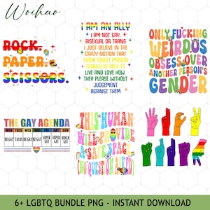 May include: A selection of LGBTQ+ themed digital designs. The designs feature phrases such as "Rock, Paper, Scissors" in rainbow hues, "I am an ally," and "The Gay Agenda." Also includes colourful hand gestures and a safe space message.