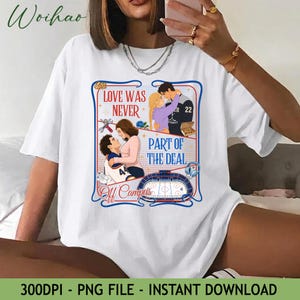 May include: White t-shirt with a graphic design including the text "LOVE WAS NEVER PART OF THE DEAL", illustrations of couples, and a hockey rink. The shirt also has the text "Off Campus" and the numbers "22" and "44".