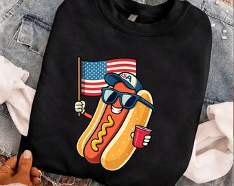 Bandera de EE. UU. con diseño retro de perrito caliente en formato PNG, descarga digital patriótica del 4 de julio.