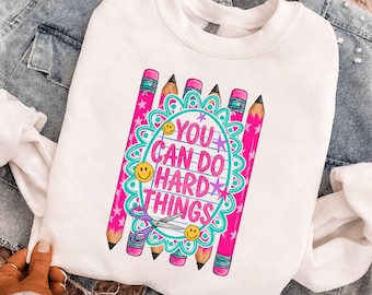 Puedes hacer cosas difíciles PNG Diseño digital Rayas femeninas Archivos de regreso a clases de moda Diseño infantil Rosa Preppy Escuela Principiante Lápiz Enseñar