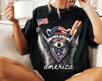 America Raccoon Hot Dog PNG, Patriotic Flag 4th of July Raccoon, Funny Animal Feral Hotdog Sublimation, Digital Download