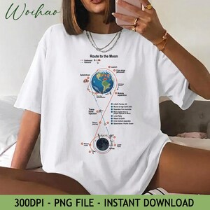 May include: White t-shirt with a diagram titled "Route to the Moon." The diagram shows a launch sequence with Earth, the moon, and various stages of a spacecraft's journey. The shirt also has the text "300DPI - PNG FILE - INSTANT DOWNLOAD."