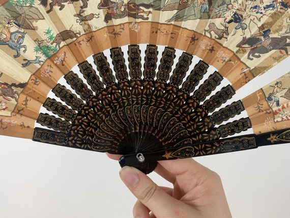 Vintage Hand-Painted Silk Japanese Fan - Gold, Be… - image 7