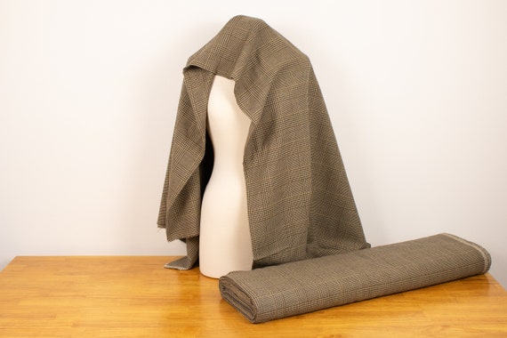Medium Weight English Wool 62in Wide - Sold by the Half Yard - Olive, Navy, and Taupe Tartan Pattern - Giorgio Armani Wool Fabric Mid Weight