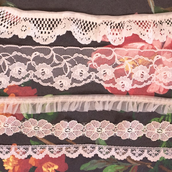 Your Choice! Pastel Pink Dainty Laces - Sold by the Half Yard - Lace or Tulle Ruffle - Floral Daisy Trim - Pale Baby Pink - Narrow Widths