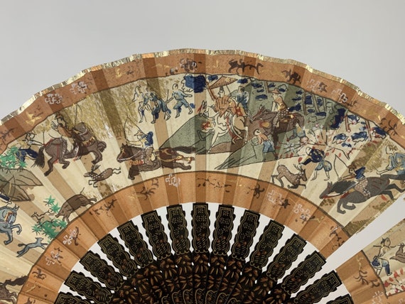 Vintage Hand-Painted Silk Japanese Fan - Gold, Be… - image 3