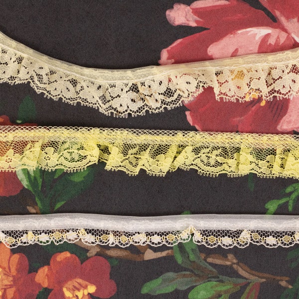 Your Choice! Vintage Yellow and White Dainty Laces - Sold by the Half Yard - Pale Yellow Lace Ruffle Trim - Narrow Width Tiny Lace - Cute