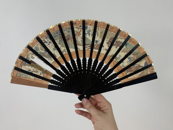Vintage Hand-Painted Silk Japanese Fan - Gold, Be… - image 6