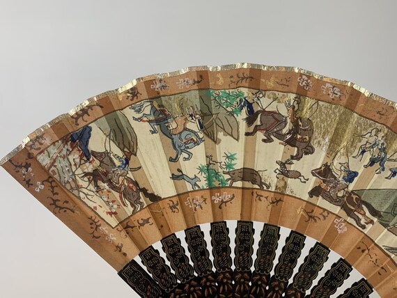 Vintage Hand-Painted Silk Japanese Fan - Gold, Be… - image 2