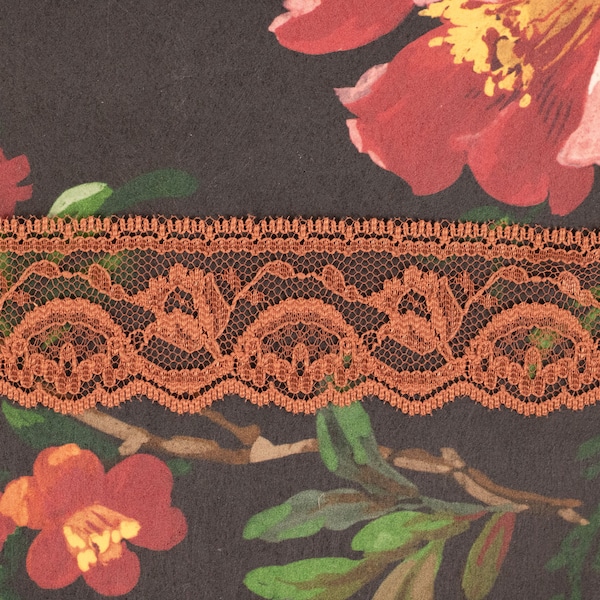 Vintage French Rust Rose Lace Trimming - Sold by the Half Yard - 1.5in Wide Pink Orange Copper Lace Edging - Unique Vintage Lace