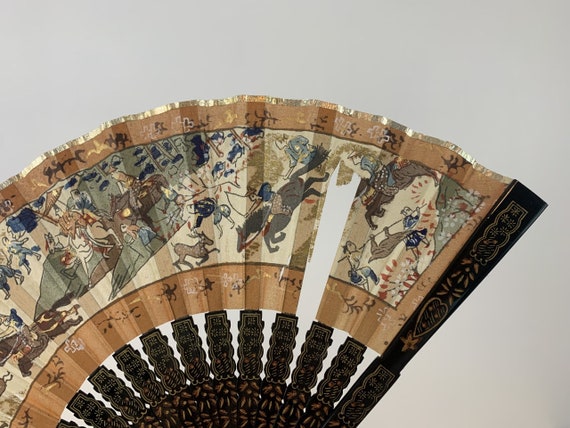 Vintage Hand-Painted Silk Japanese Fan - Gold, Be… - image 4