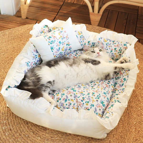 Florals and Fruits Pattern with Reffle Texture Design Bed for Cats & Dogs