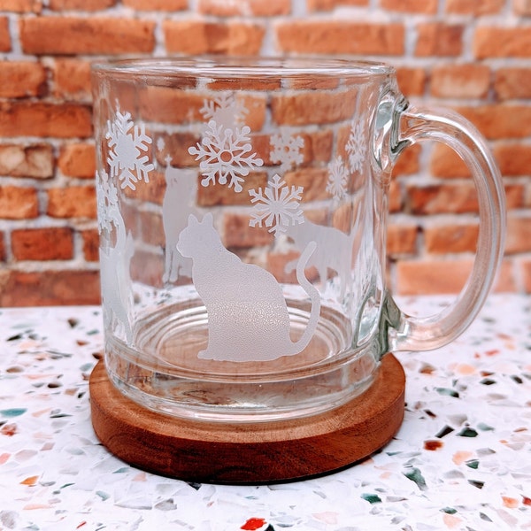 Cute Cat Libbey Glass Mug | Frosted Vinyl Winter Themed | Libbey Robusta Mug