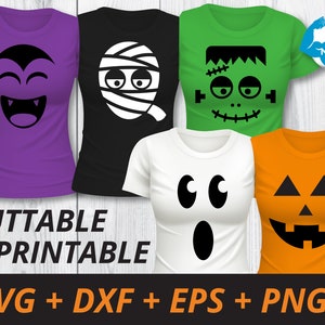 May include: Five different Halloween-themed t-shirt designs featuring a vampire, mummy, Frankenstein, ghost, and pumpkin. The designs are black and white on a variety of colored shirts. The text "CUTTABLE & PRINTABLE" and "SVG + DXF + EPS + PNG" are at the bottom of the image.