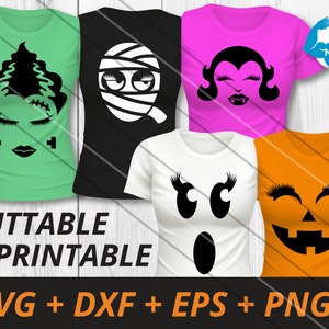 May include: Five different Halloween-themed t-shirt designs featuring various monster faces. The designs include a Frankenstein monster, a mummy, a vampire, a ghost, and a jack-o'-lantern. The text "CUTTABLE & PRINTABLE" and "SVG + DXF + EPS + PNG" are also included in the image.