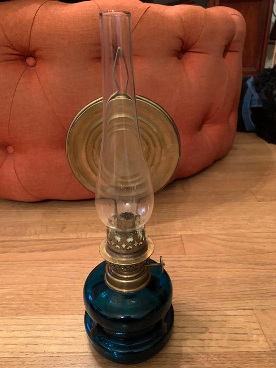 Vintage, 1890's, Teal Blue Glass, Oil Lamp With Chimney and Brass
