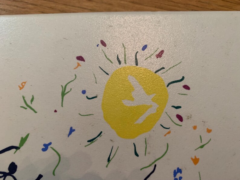 Pu&ograve; includere: Una silhouette di un uccello bianco che vola all'interno di un sole giallo con forme di fiori verdi, blu e viola intorno.