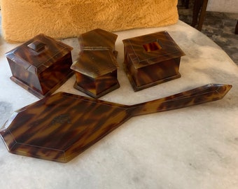 Vintage, Tortoise Shell -like Dresser Set, 4 Pieces, Pre-Owned