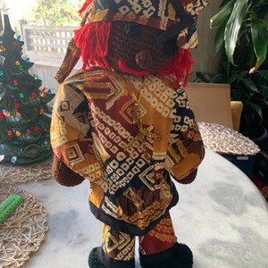 Vintage, Hand Crocheted, Jimi Hendrix/Hippie Doll in Dashiki, With Peace Sign Necklace, On Stand, No Box