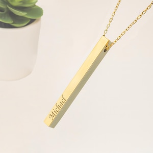 Personalized 14k Solid Gold 3D Bar Necklace: Custom Engraved Vertical 18k Pendant, 10k Jewelry