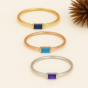 14k Solid Gold Baguette Birthstone Ring: Dainty Personalized 18k Jewelry, 10k Custom Gemstone Band