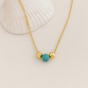 14k Solid Gold Turquoise Necklace, Dainty Beaded Chain with Hammered 18k Gold Beads, Minimalist December Birthstone 10k Jewelry Gift for Her