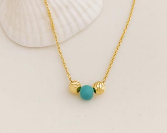 14k Solid Gold Turquoise Beaded Necklace: Dainty 18k December Birthstone Jewelry