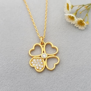 14k Solid Gold Clover Necklace for Women, 18k Lucky Four Leaf Pendant, Dainty Heart Clover 10k Charm Necklace, Good Luck Jewelry for Gift