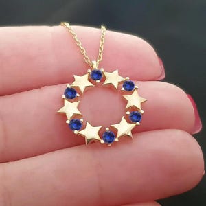 14k Solid Gold Star Wreath Necklace with Birthstones – Customizable Circle 18k Real Gold Pendant – Personalized Celestial 10k Jewelry Gift