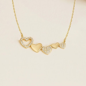 14K Solid Gold Heart Necklace for Women, Dainty Multi Heart 18k Real Gold Pendant, Jewelry Gift for Mom, Minimalist Layering 10k Necklace