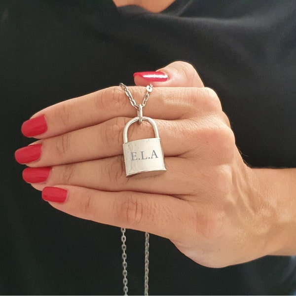 Silver Engraved Lock Necklace Etsy