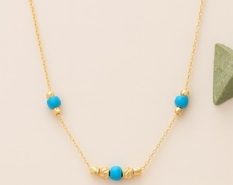 Dainty 14k Solid Gold Turquoise Bead Necklace: 18k Minimalist Gemstone Jewelry, December Birthstone Necklace