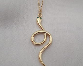 14k Solid Gold Snake Necklace with Birthstone Eyes: Minimalist Serpent 18k Pendant, Animal Jewelry
