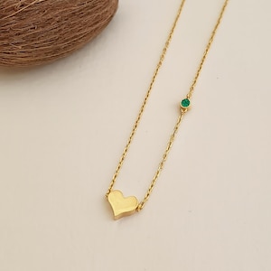 14k Solid Gold Heart Necklace with Custom Birthstone, Dainty Personalized Gift for Her, 18k Gold Minimalist Heart Pendant Birth Month Choice