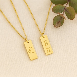 14k Solid Gold Zodiac Bar Necklace with Custom Letter, Personalized Initial 18k Gold Pendant for Her, Horoscope Signs 10k Charm Necklace