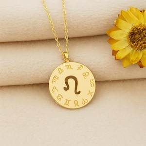 Solid Gold Zodiac Pendant Necklace, 10k, 14k, 18k Gold Astrology Disc with All 12 Horoscope Signs, Personalized Star Sign Jewelry for Women