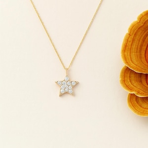 Dainty 14k Solid Gold Star Necklace: Cubic Zirconia Celestial 18k Pendant, 10k Minimalist Jewelry