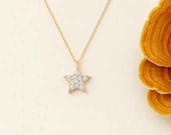 Dainty 14k Solid Gold Star Necklace: Cubic Zirconia Celestial 18k Pendant, 10k Minimalist Jewelry