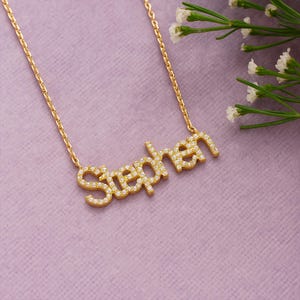 Custom Cubic Zirconia Name Necklace: Solid 14k Gold Personalized Jewelry