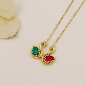 14k Solid Gold Swan Necklace with Birthstones, Dainty Double Swan 18k Pendant ForcWomen, Romantic Jewelry Gift for Her, Anniversary Jewelry