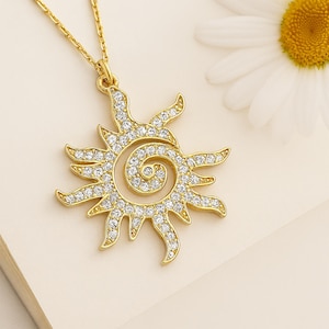 14k Solid Gold Dainty Sunburst Necklace, 18k Real Gold Sun Charm Necklace For Mom, Sunshine 10k Pendant For Women, Celestial Summer Jewelry